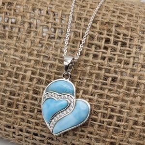 Elegant Natural Larimar Heart 925 Sterling Silver Charm Pendant Necklace